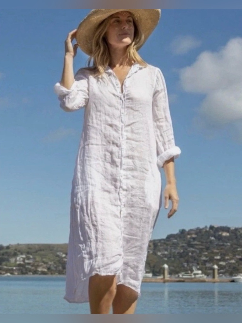 CP Shades 100% Linen Button Up Dress Pockets Beach Wedding in Natural Flex